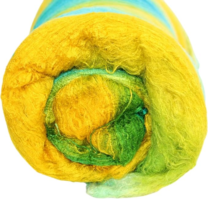 Knitsilk Mulberry Silk Fiber Yarn, Aqua blue and yellow. Best for Knitting, Sewing Silk Filament Sheets, Spinning and Needle Felting