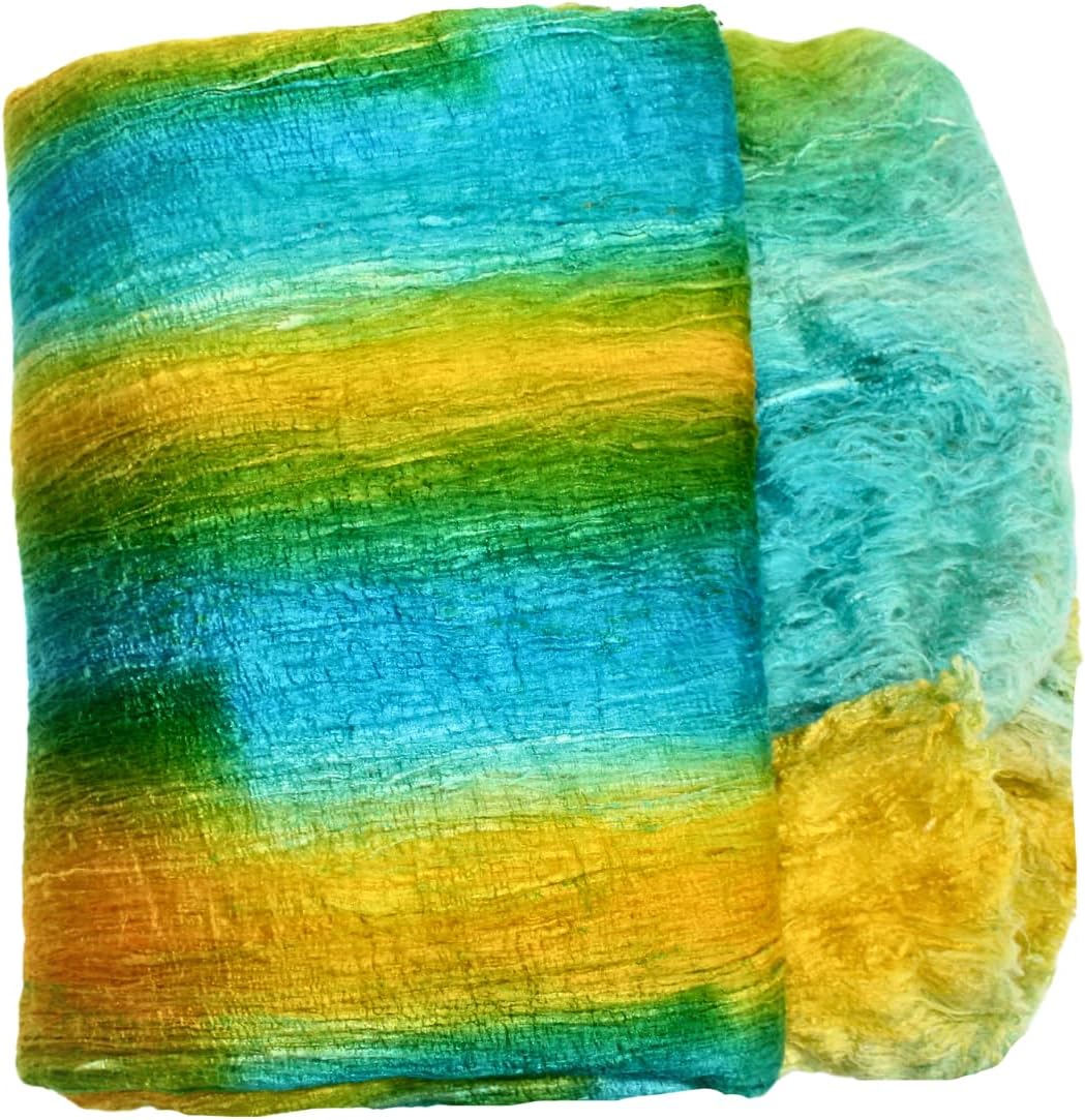 Knitsilk Mulberry Silk Fiber Yarn, Aqua blue and yellow. Best for Knitting, Sewing Silk Filament Sheets, Spinning and Needle Felting