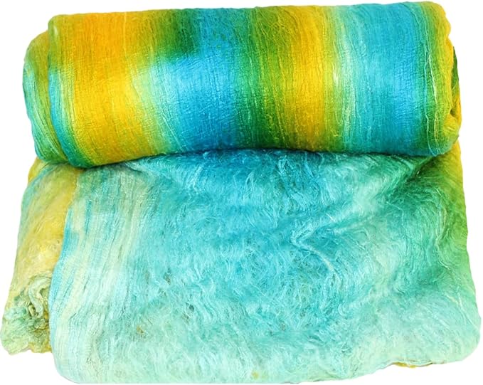 Knitsilk Mulberry Silk Fiber Yarn, Aqua blue and yellow. Best for Knitting, Sewing Silk Filament Sheets, Spinning and Needle Felting
