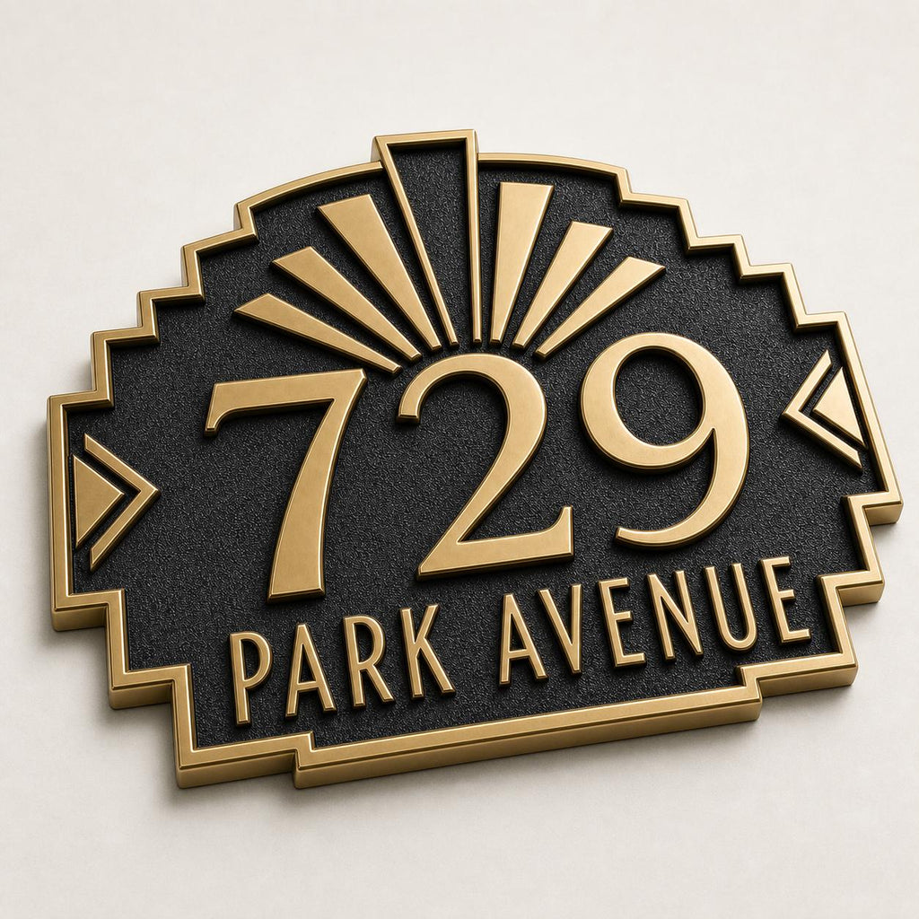 Personalized Address Plaque – Antique Brass Art Deco Fan