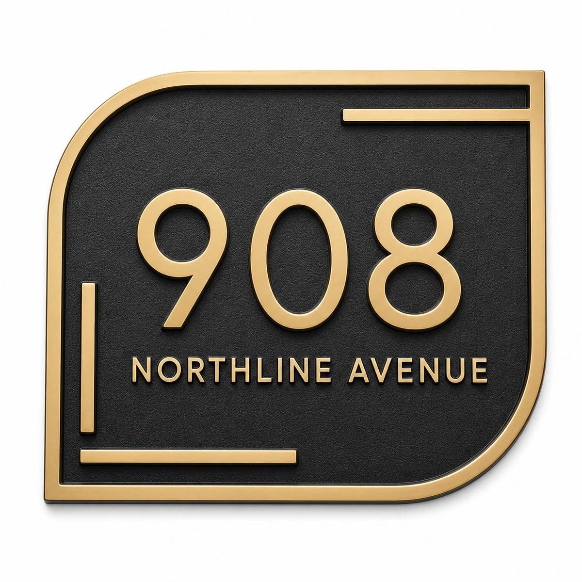 Antique brass address plaque close-up with 908 and Northline Avenue lettering on dark plate