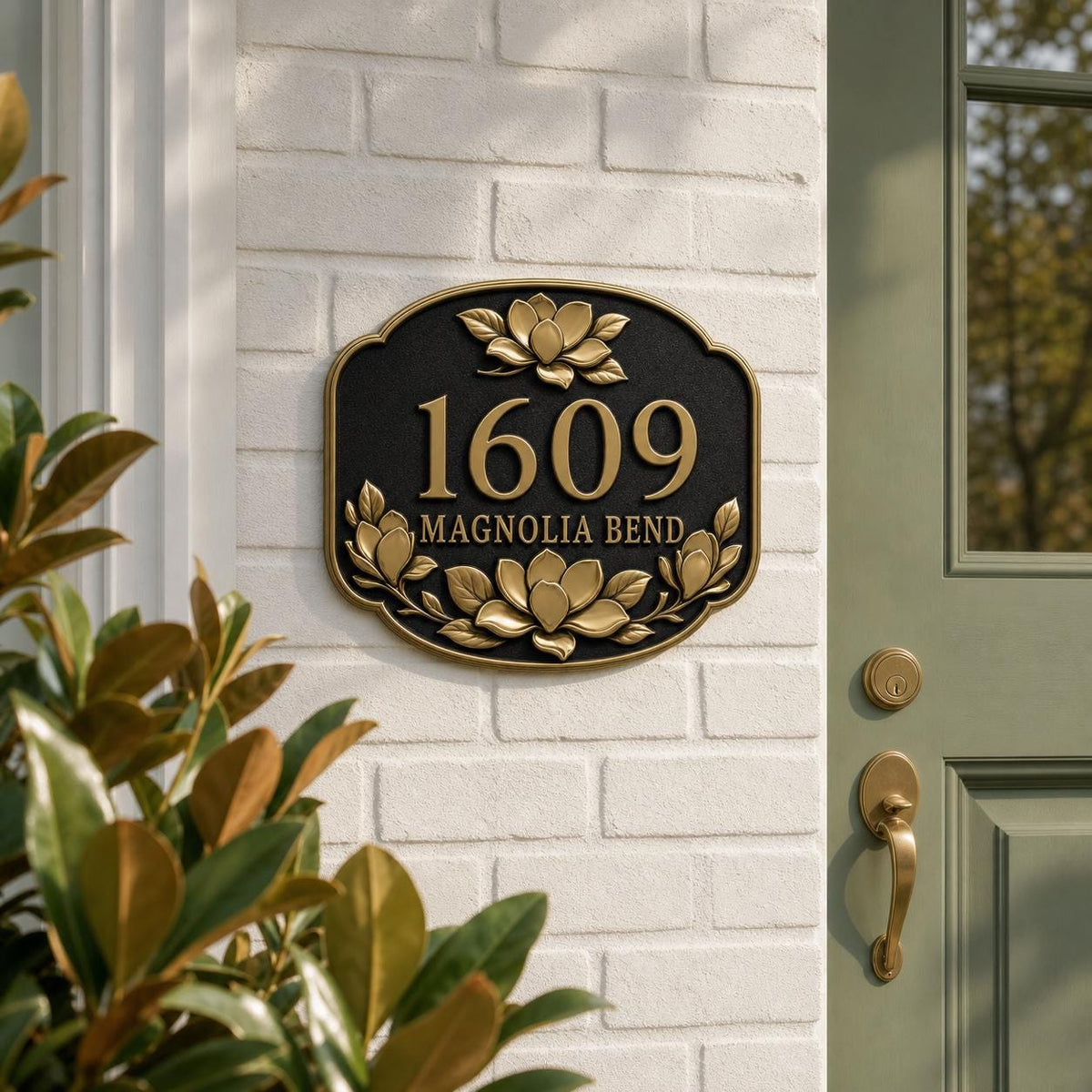Personalized Address Plaque – Antique Brass Magnolia Bloom
