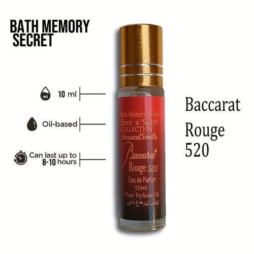 Perfume oil roll-on bottle with gold cap and red oil label, 10 ml