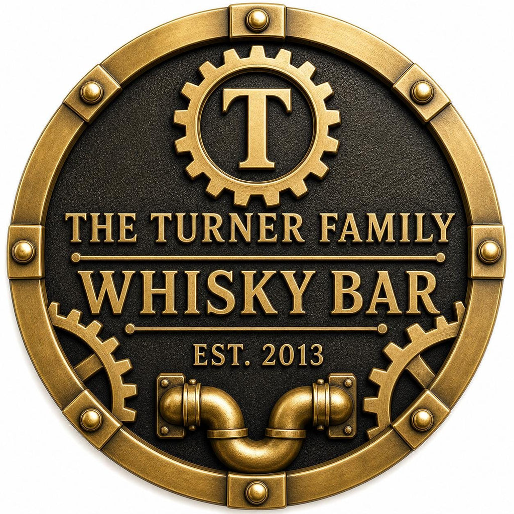 Personalized Home Bar Sign – Antique Brass Gear and Pipe, Round