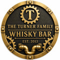 Personalized Home Bar Sign – Antique Brass Gear and Pipe, Round