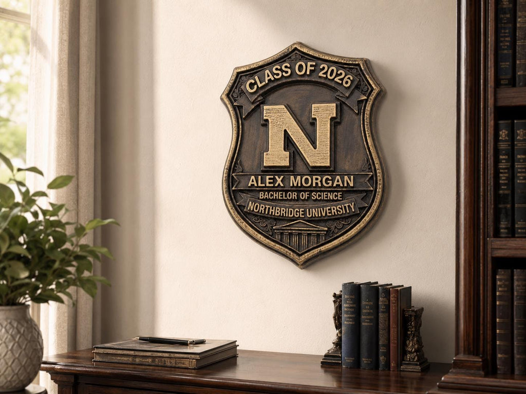 Personalized Graduation Plaque – Antique Brass Academic Shield