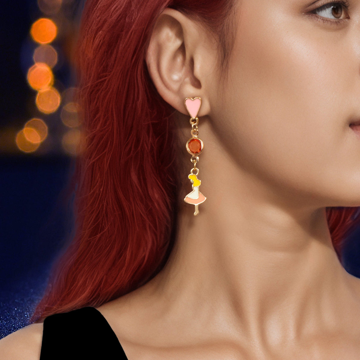 Cartoon Pink Heart Clock Dancer Asymmetric Drop Earrings Women Girls Dainty Gift