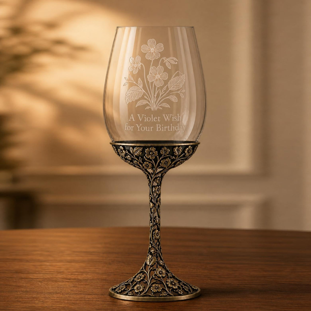 February Violet Wine Glass, Openwork Brass Stem, Custom Etched Gift