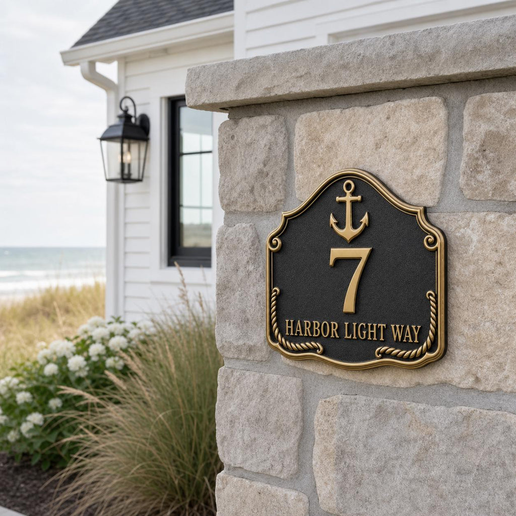 Personalized Address Plaque – Antique Brass Anchor and Rope