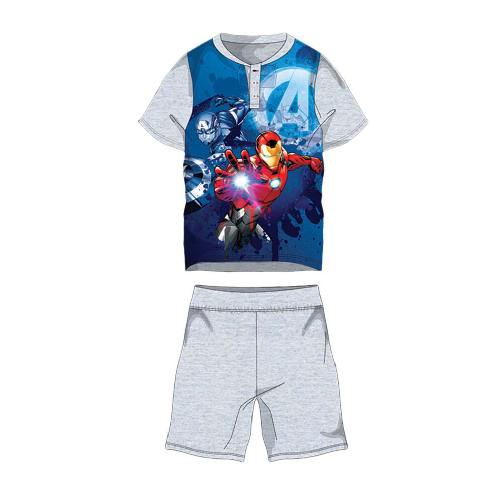 Kids cotton pajama set with short-sleeve Avengers graphic top and gray shorts
