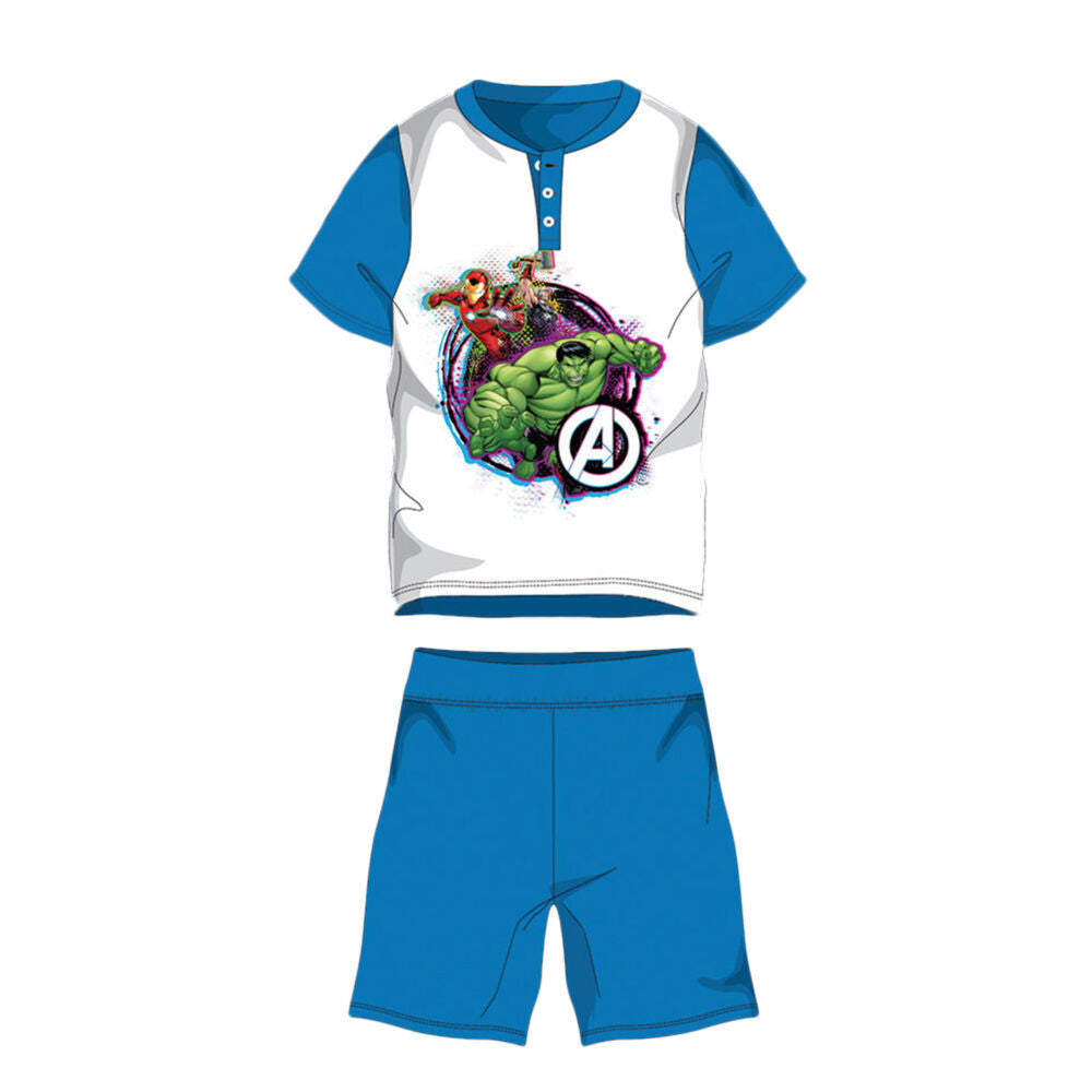 Kids' medium-blue cotton pajama set, short sleeves with button front and Avengers graphic