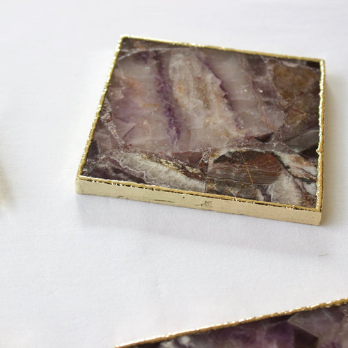 Amethyst square coaster with gold-tone rim and purple stone inlay