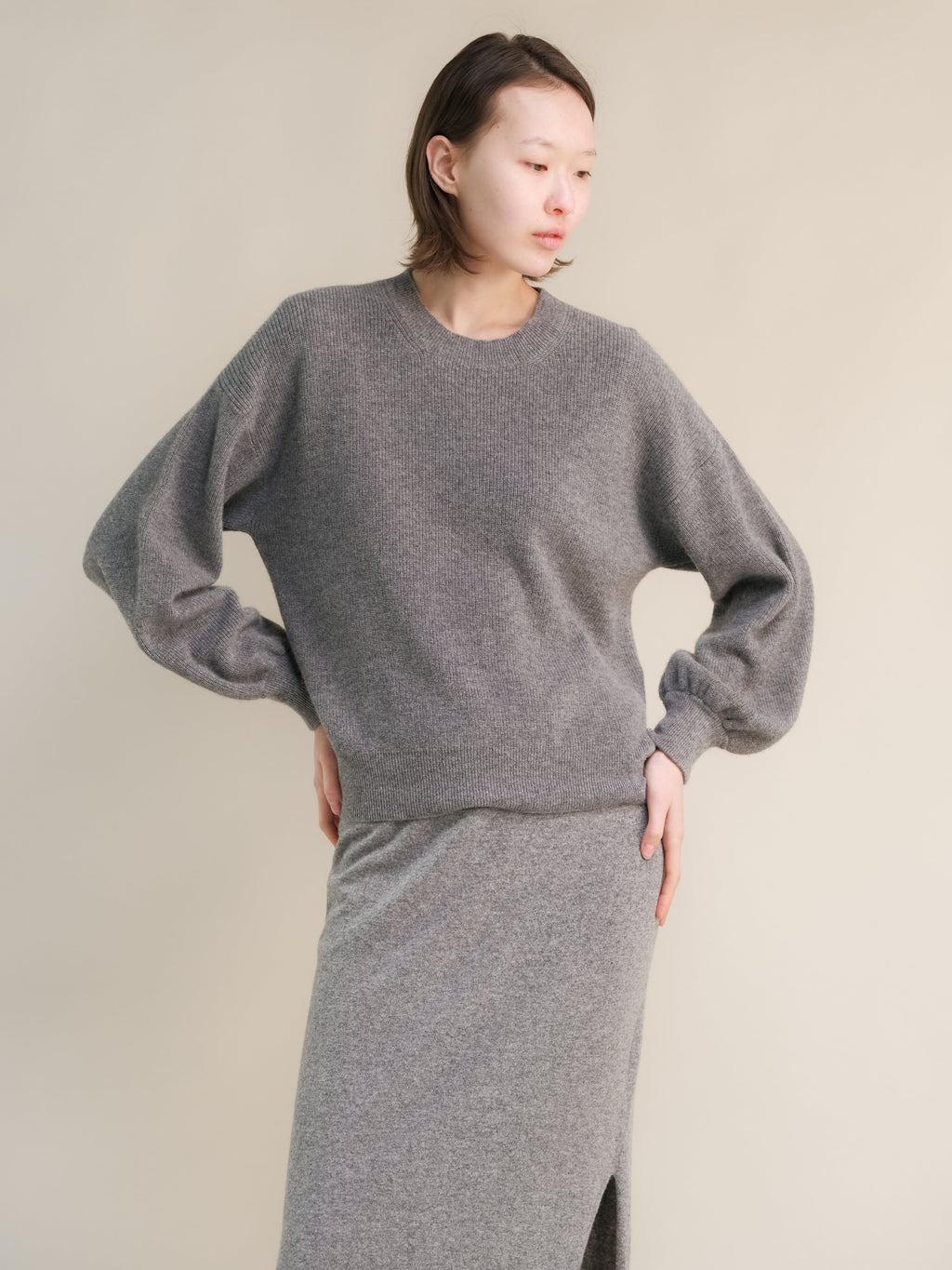 Cashmere Mix Balloon Sleeve Crewneck