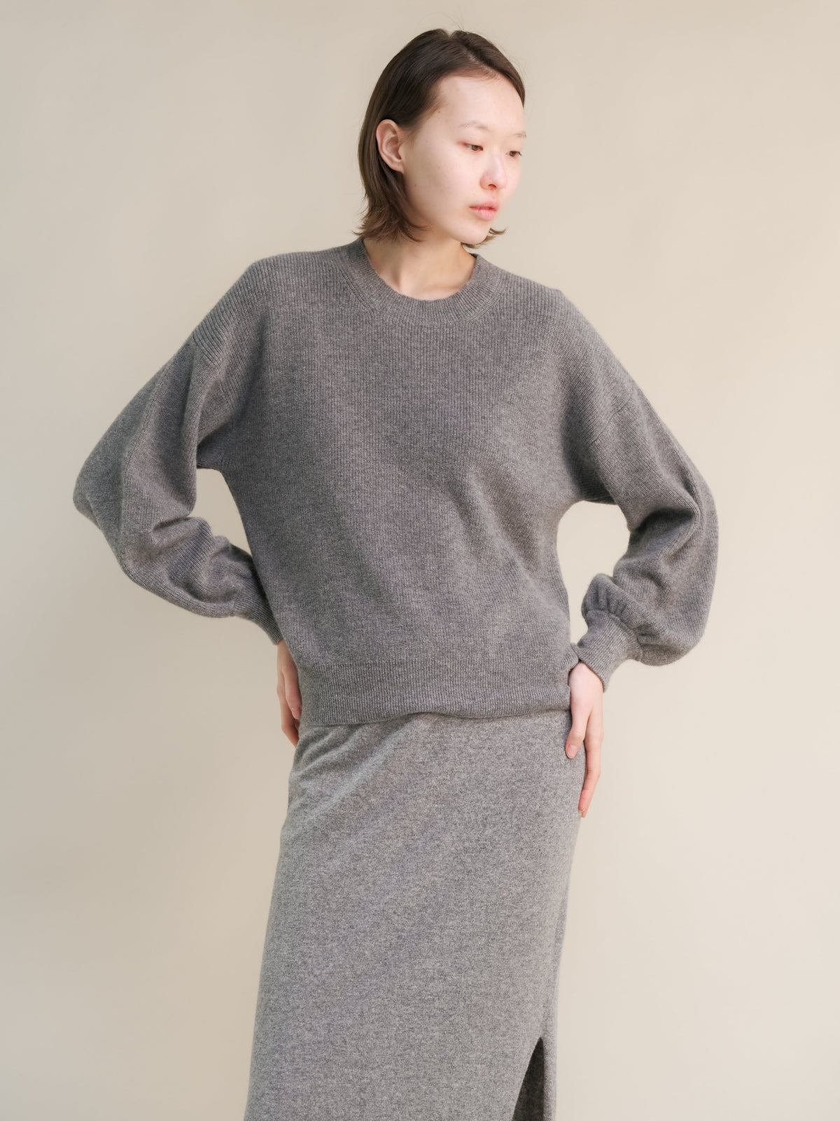 Cashmere Mix Balloon Sleeve Crewneck