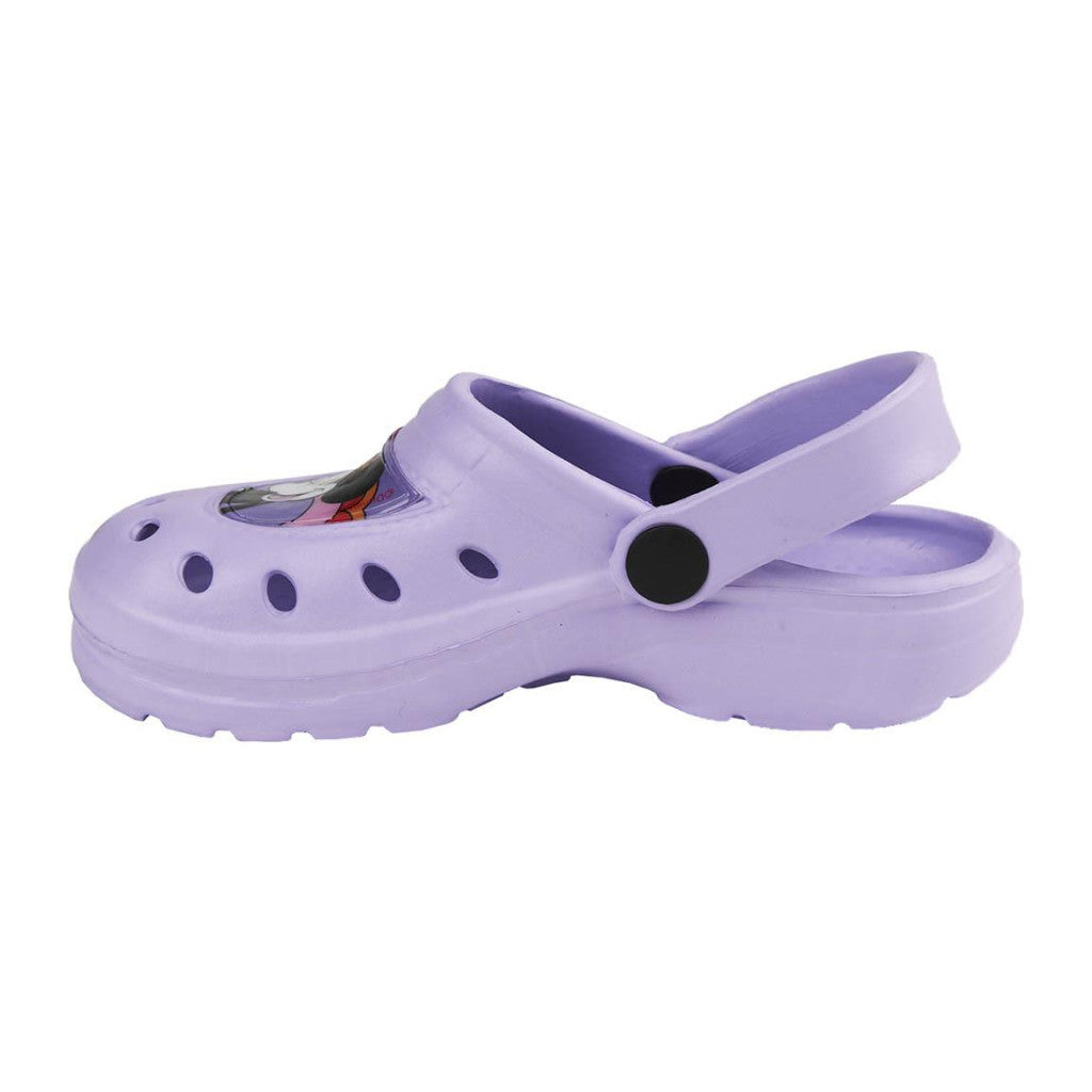 Children's Minnie clogs, lavender slip-on with side strap and cartoon patch