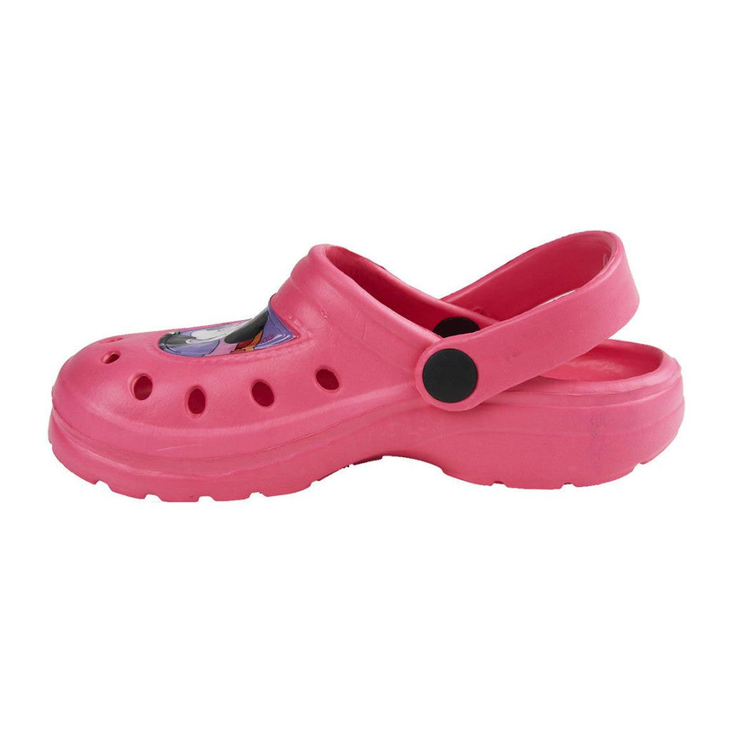 Children's Minnie clogs, pink slip-on with side strap and cartoon patch
