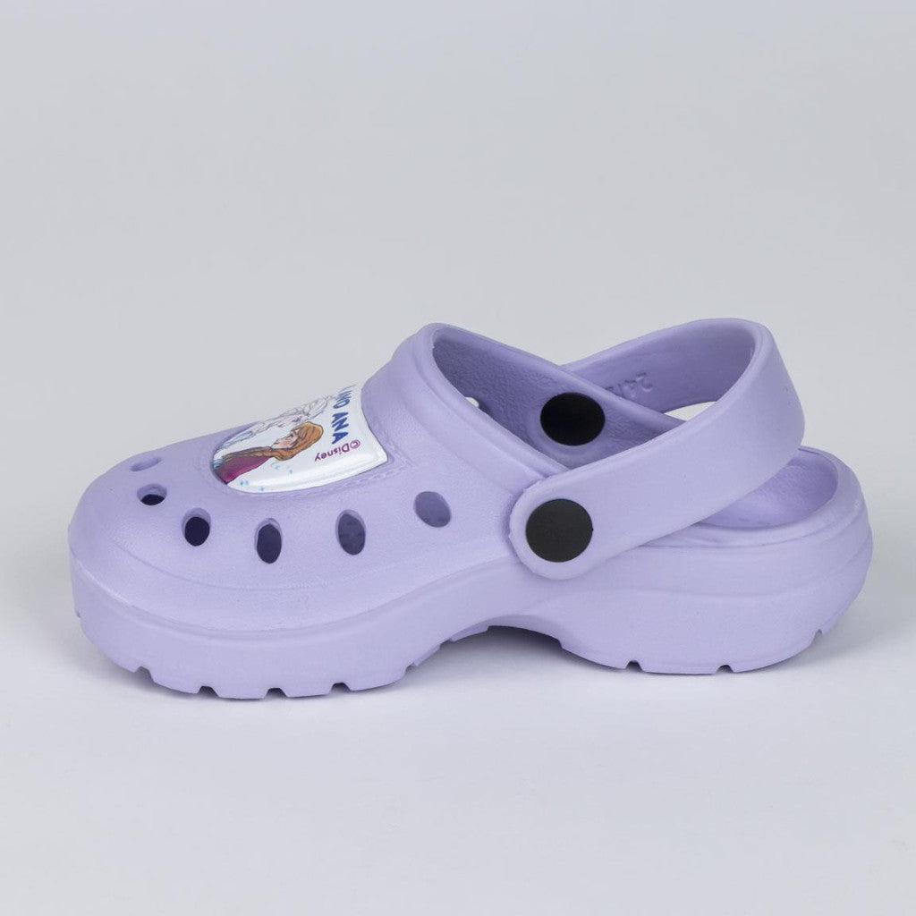 Lilac kids' clog slippers with character patch, round ventilation holes, chunky sole
