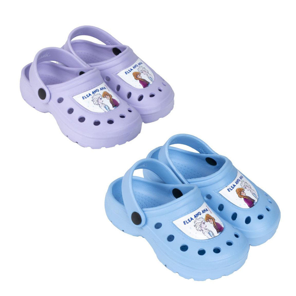 Children's character clog slippers in lavender and light blue, each with side strap