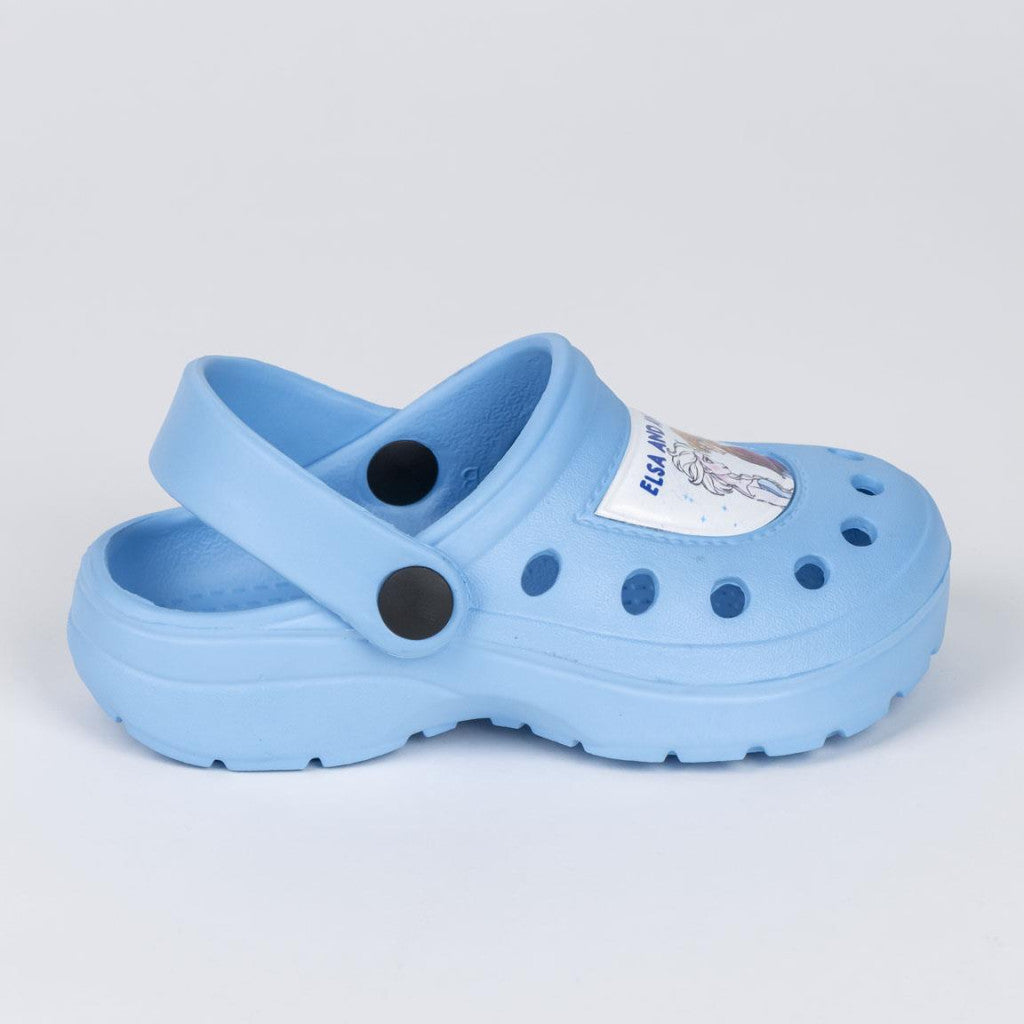 Children's light blue character clog slippers with crossover strap and black ventilation holes