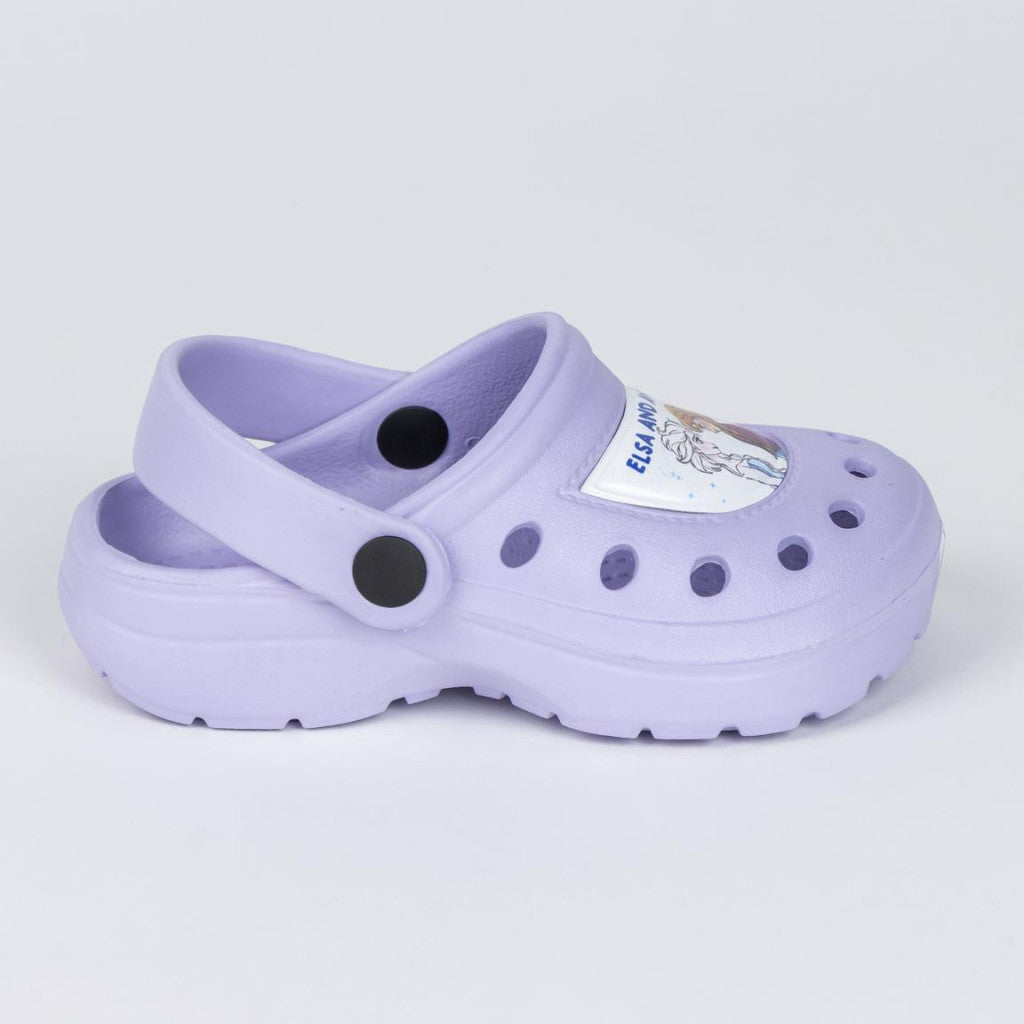 Children's white-and-lavender character clog slippers with black strap and round ventilation holes