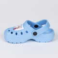 Children's light blue character clog slippers with side strap and round holes