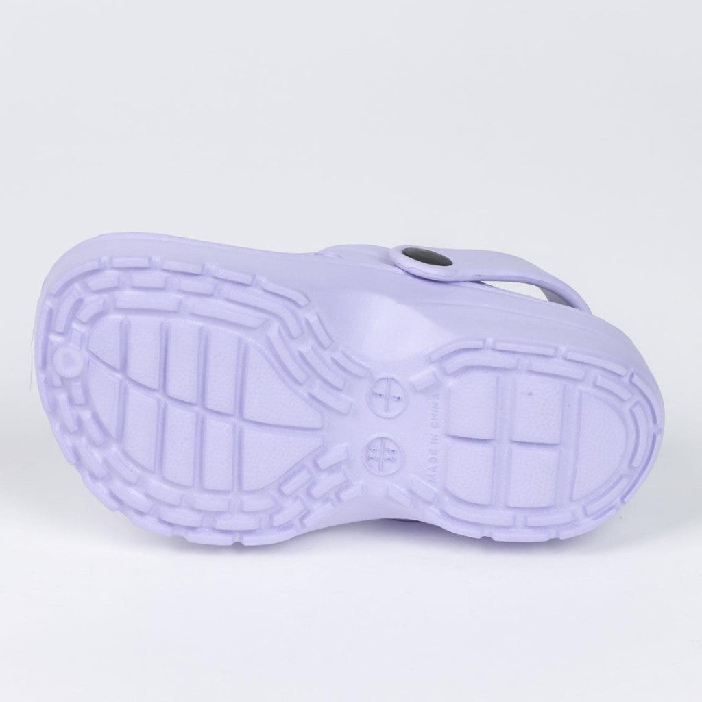 Children's lavender clog slipper outsole with textured tread and grip pattern