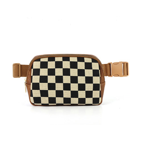 Checkered sling waist bag with tan trim, top zipper and adjustable belt strap