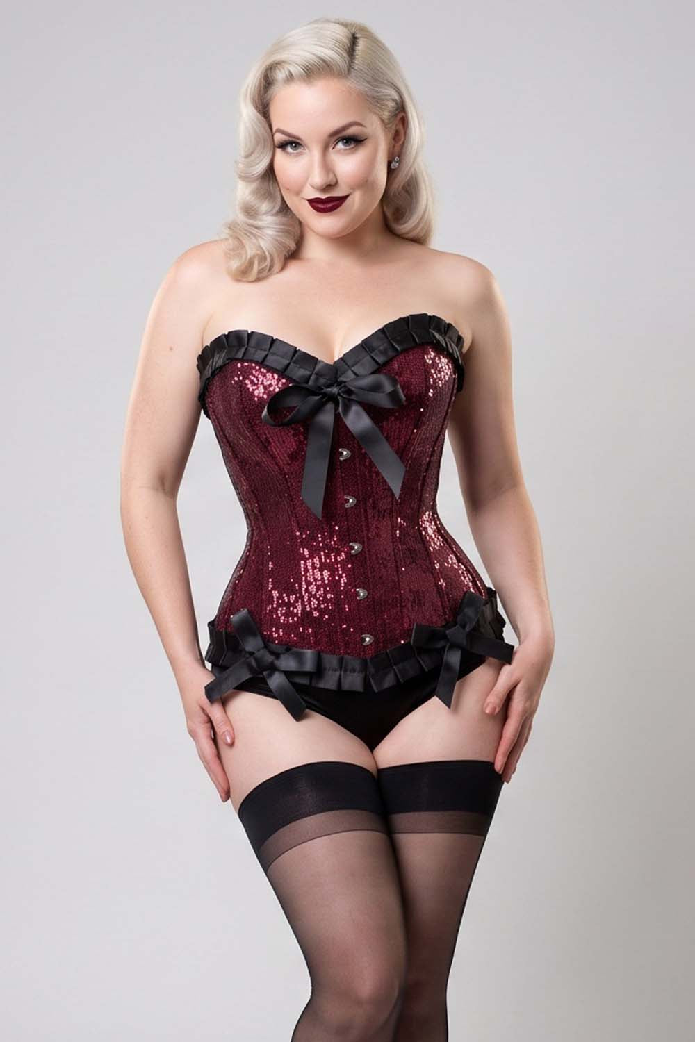 Laquita Maroon Burlesque Sequins Overbust Corset