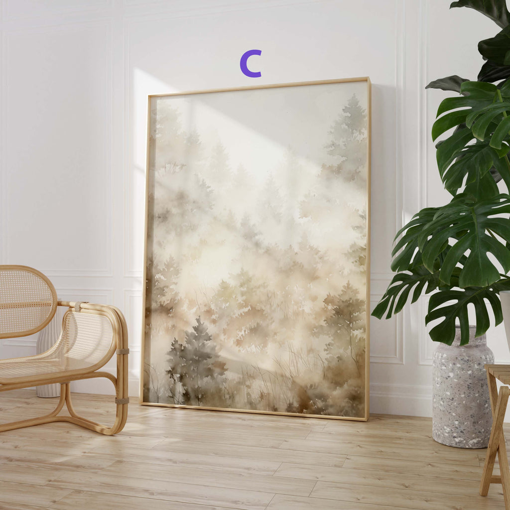 Skandinavische Natur Poster · Geschenkidee · Sanfte Aquarell Landschaften und Nebelwald Wandkunst für Wohnzimmer · Print ohne Rahmen