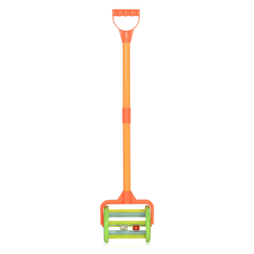 Orange push-along toy with green-and-yellow front cart and small red accents