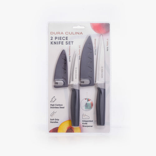 2 Piece Kitchen Knife Set- Paring, and Utility Knife with Matching Blade Guards with Built in Sharpener - Kitchen Knives at Dealshubindia