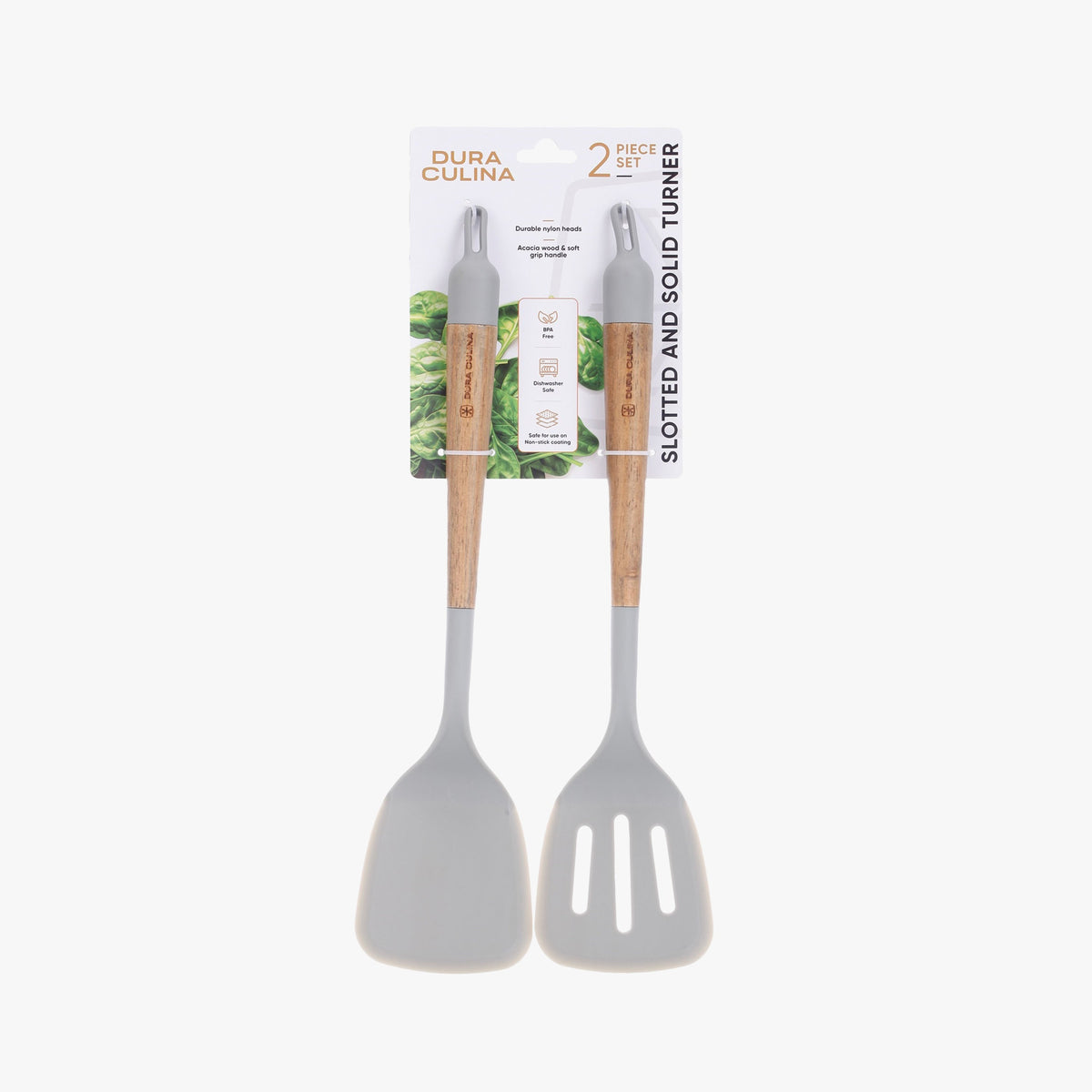 2-Piece Solid & Slotted Turner Set – Acacia Wood Handles, Non-Stick Safe Nylon Heads, Soft Grip Handles, Heat Resistant - Kitchen Tools at Dealshubindia