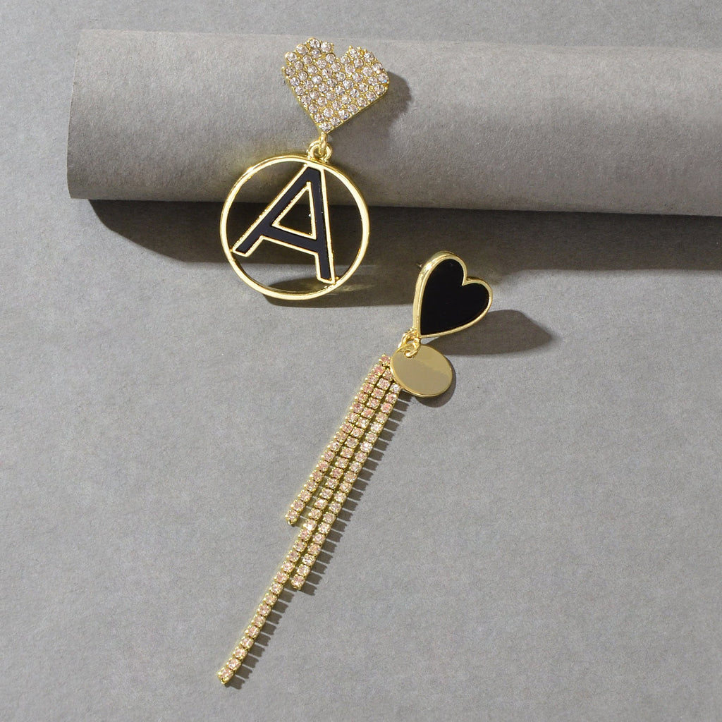Gold-tone letter A circle disc charm earrings with rhinestone heart top and tassel drop