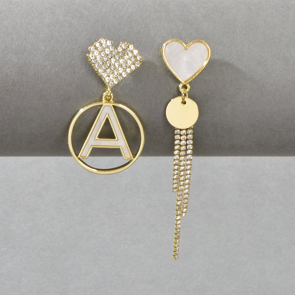 Gold-tone heart and letter A disc charm earrings with rhinestone tassel fringe drops