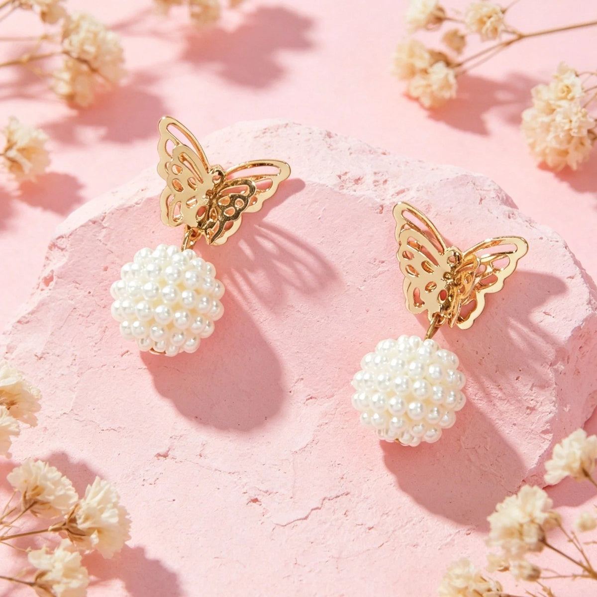 Faux Pearl Ball Gold Tone Butterfly Stud Earrings Women Teens Textured Jewellery