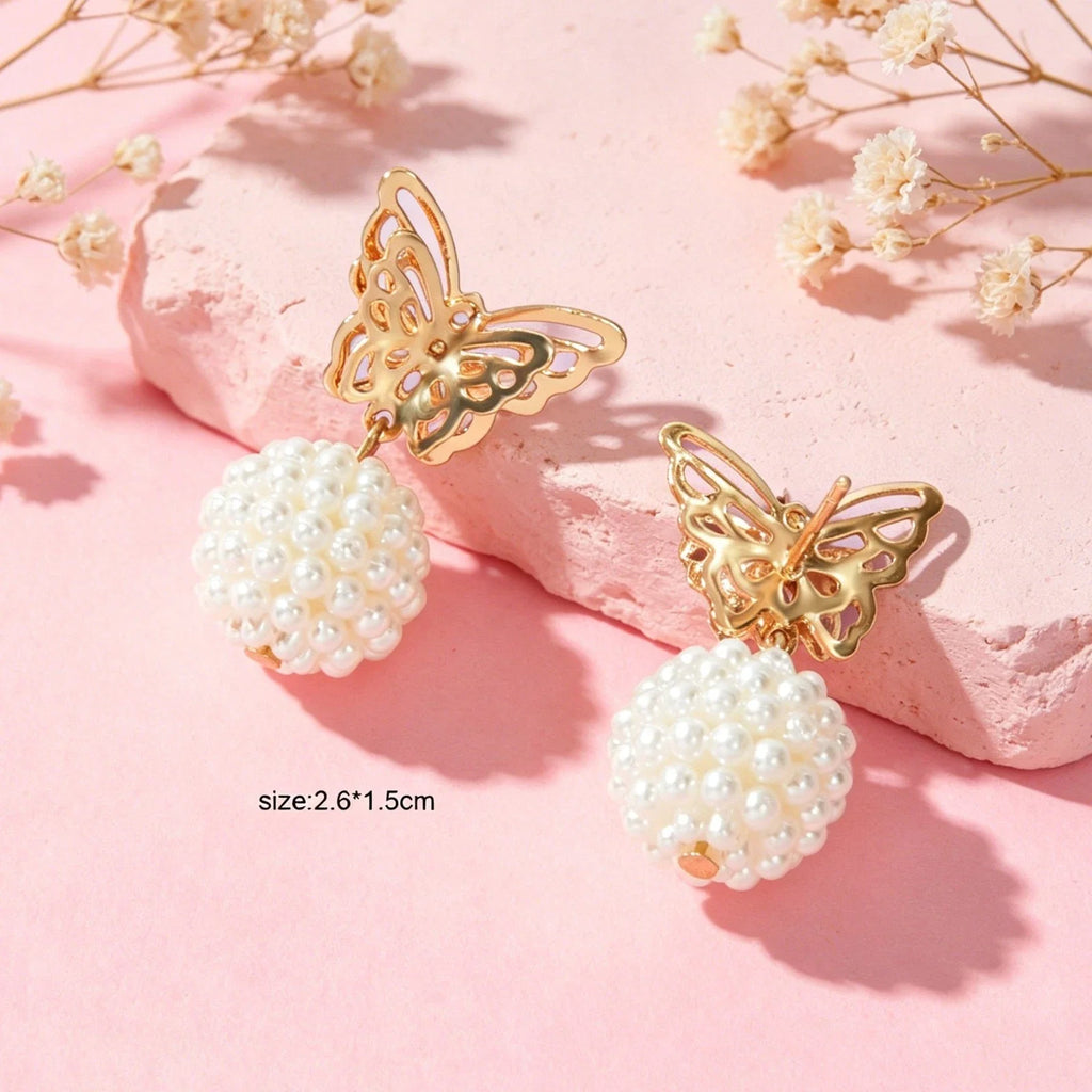 Faux Pearl Ball Gold Tone Butterfly Stud Earrings Women Teens Textured Jewellery