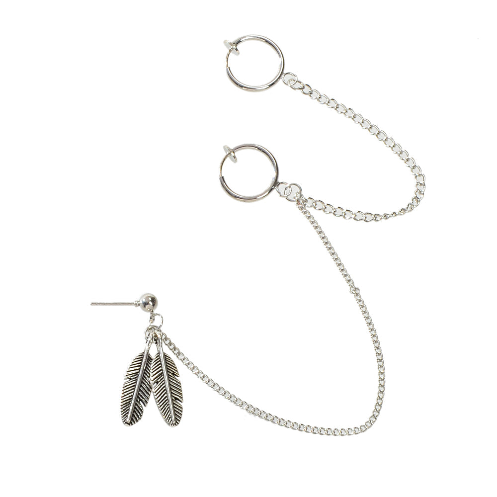 Silver-tone hoop ear cuffs with dangling chain and feather charm stud