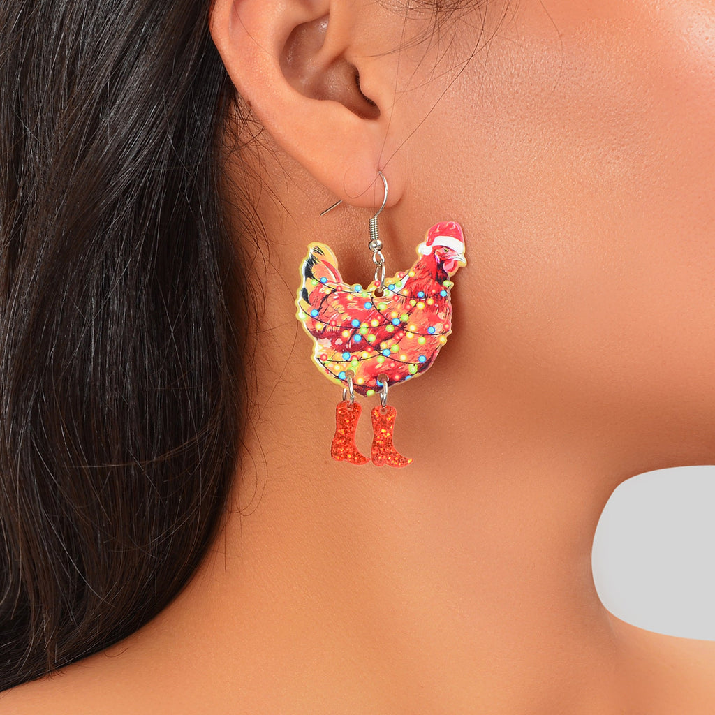 1pair Christmas Coloured Lights Decor Red Big Cock Acrylic Dangle Earrings Women Festival Jewelry - Earrings at Dealshubindia