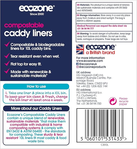 EcoZone Small Bin Bags 10 Litre (Compostable, 22 bags per roll)