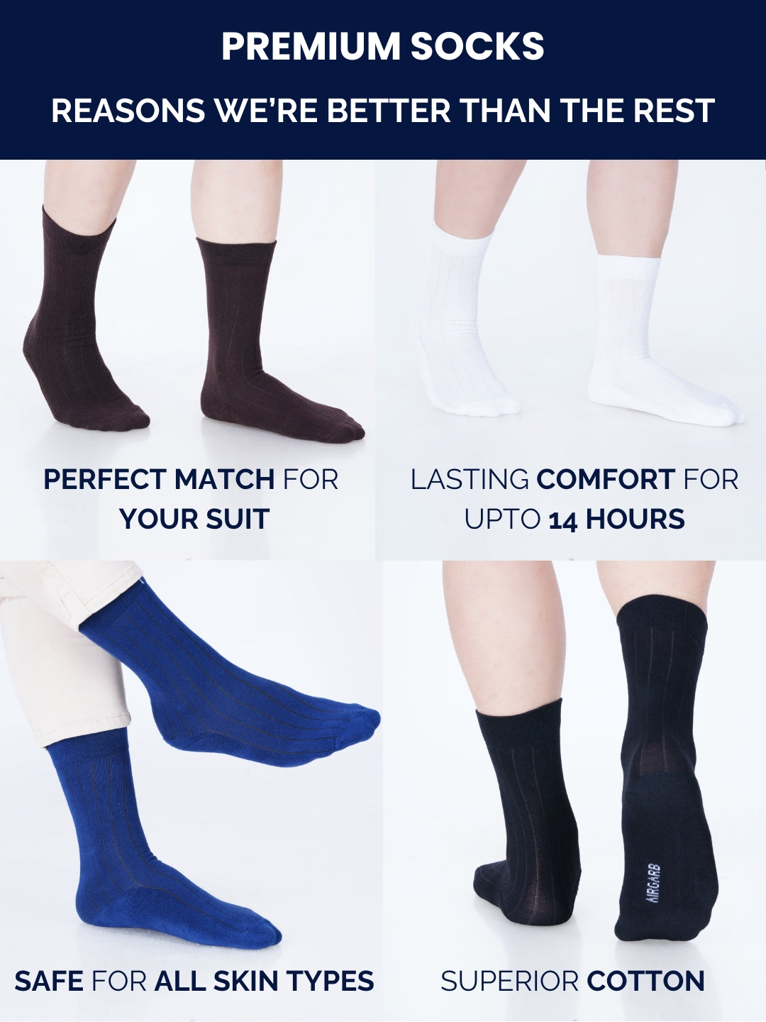 Men’s formal dress socks made from a soft cotton blend, offering comfort and style. Perfect for office wear, formal events, or daily use.