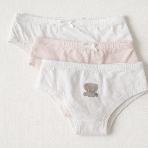 Girls' bamboo underwear set, three briefs in white and blush with bows and bear applique