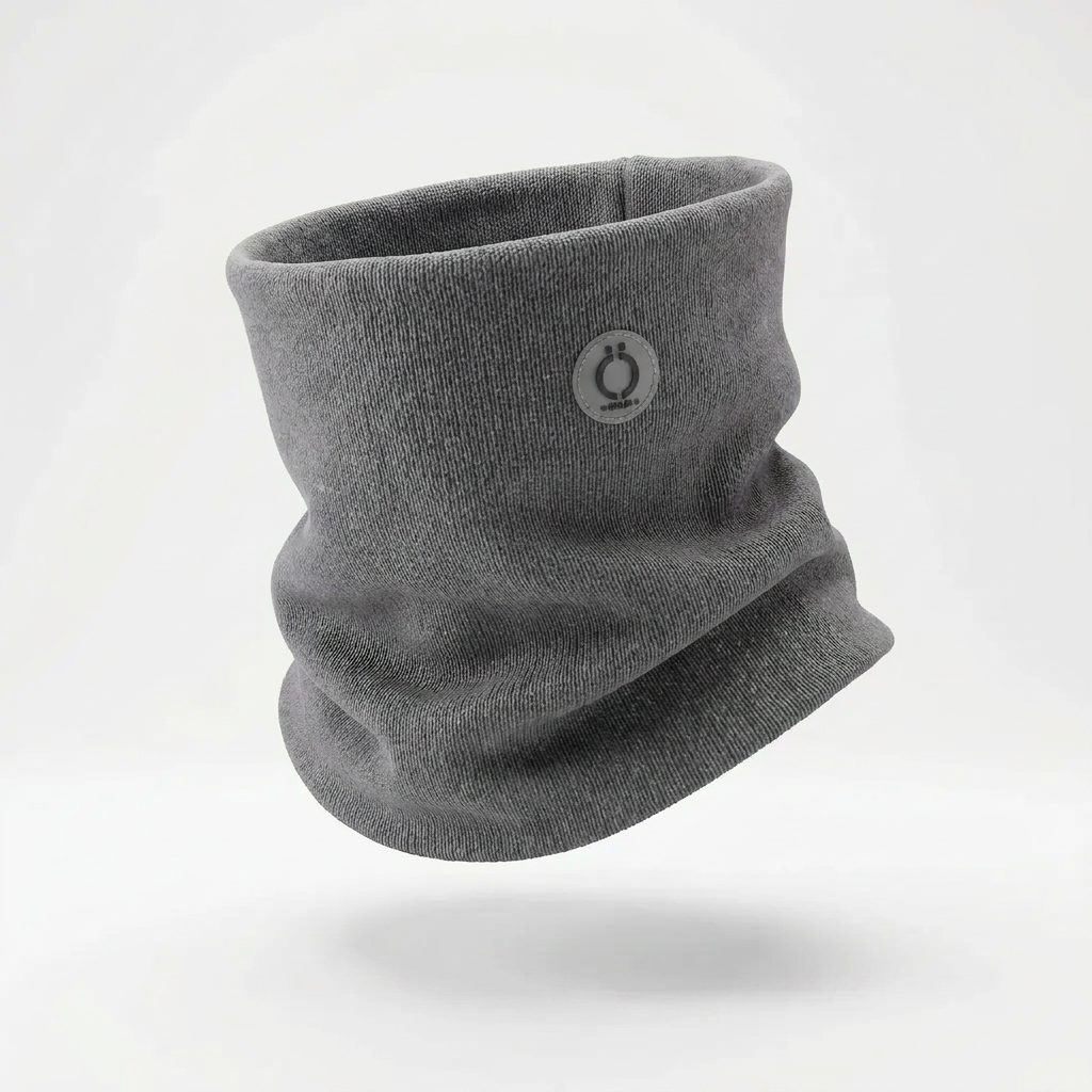 Grey knitted neckwarmer with small circular logo patch on the front