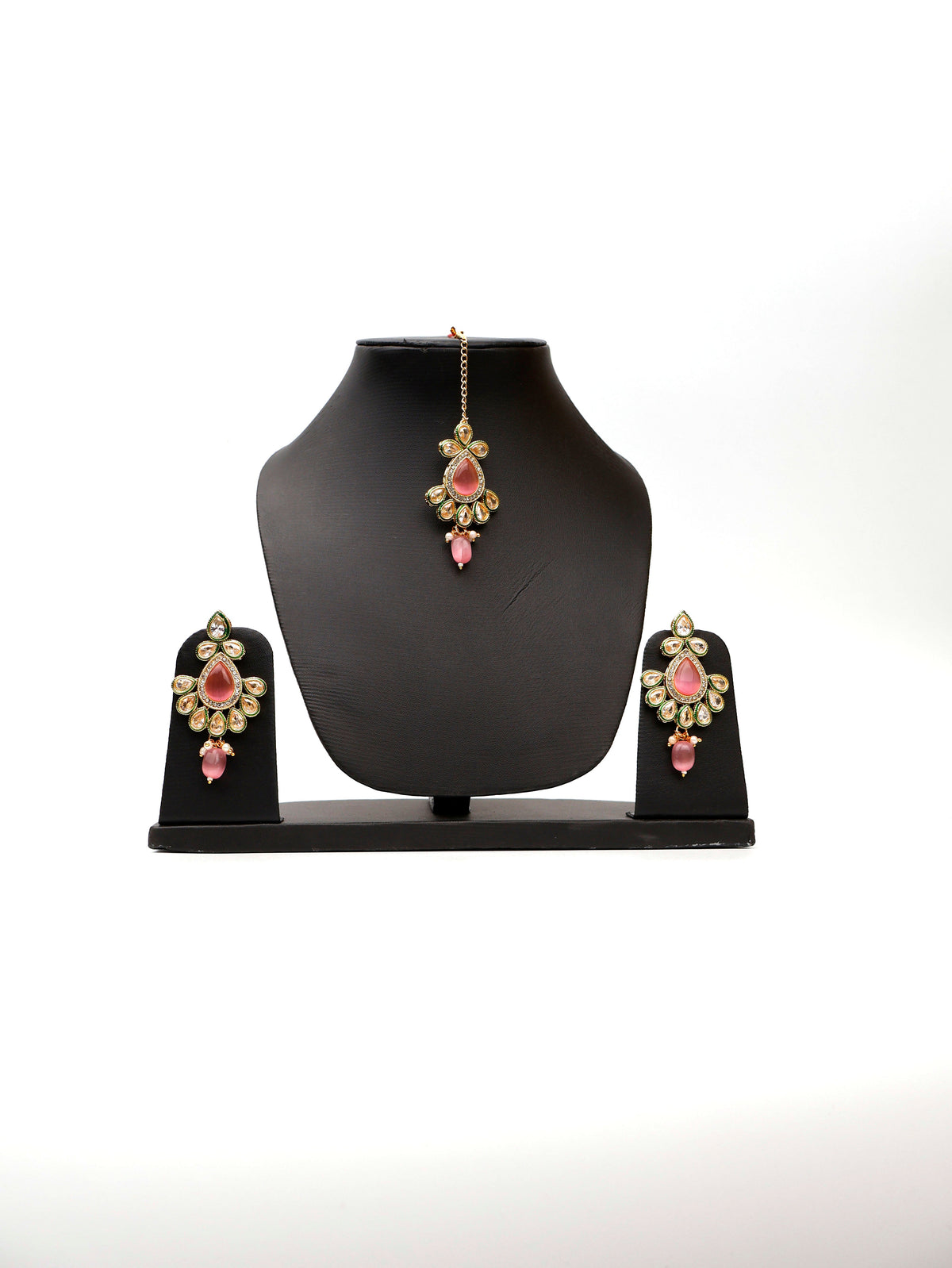 Polki and Pink Monalisa Stone Necklace with Earrings & Mang Tkka