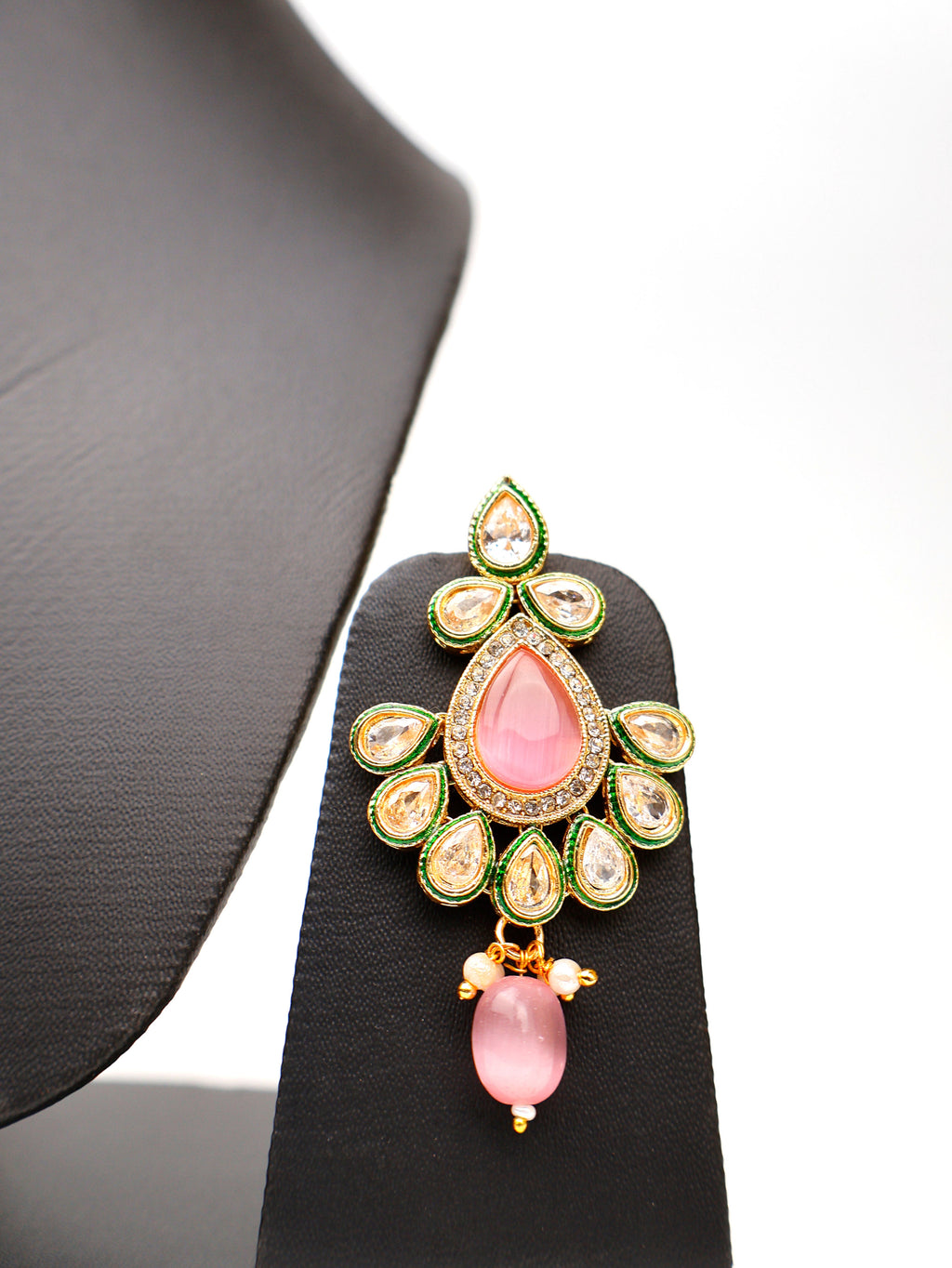 Polki and Pink Monalisa Stone Necklace with Earrings & Mang Tkka