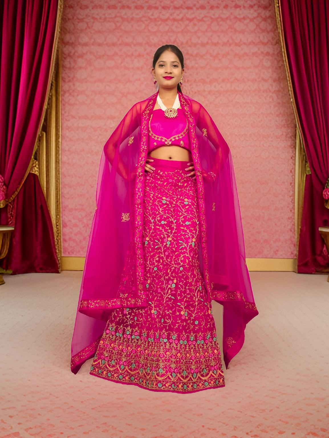 Semi-Stitched Lehenga with Embroidery & Zari Thread Work by Shreekama