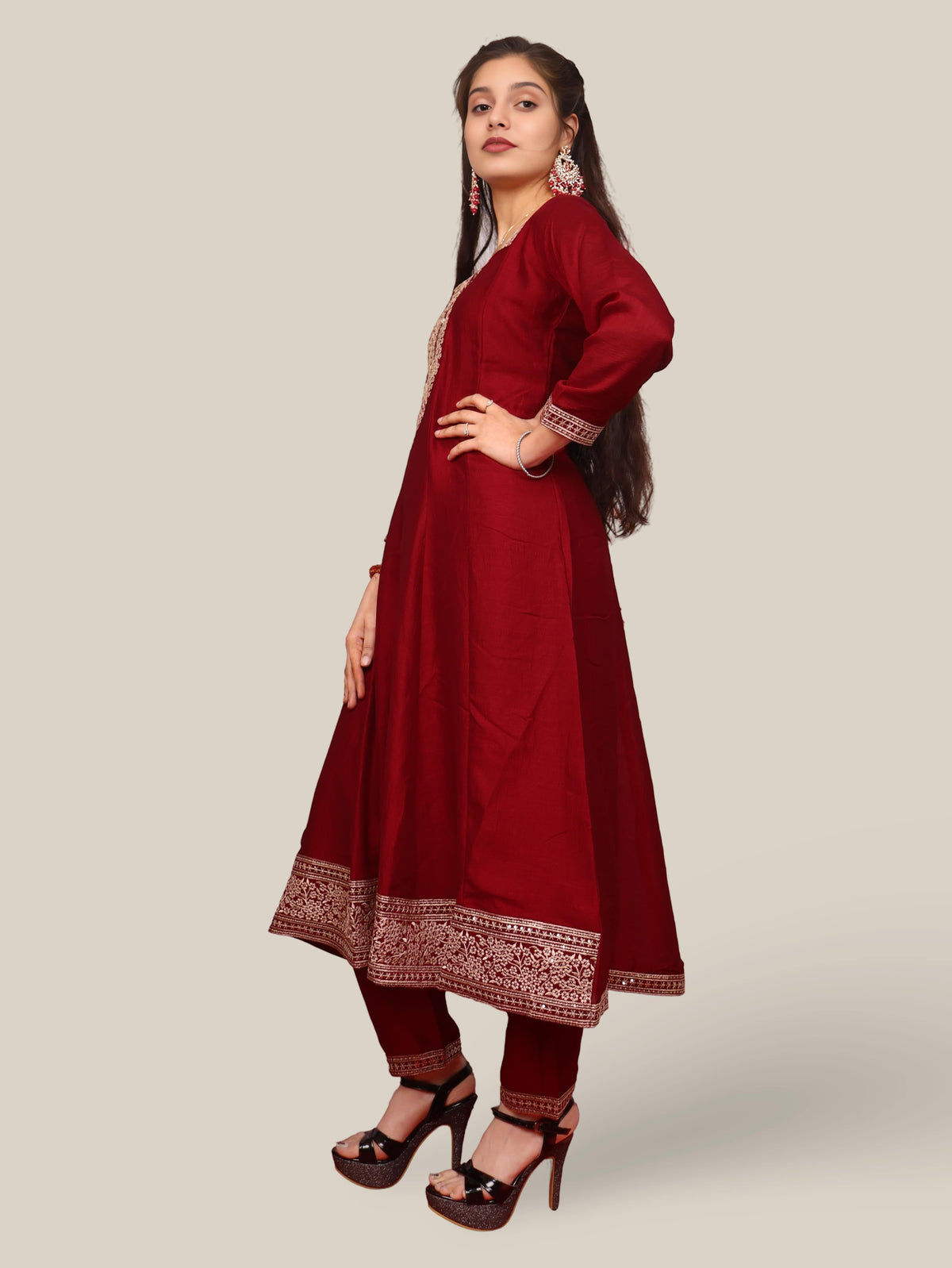Woman Anarkali Suit Set with Pant-Dupatta