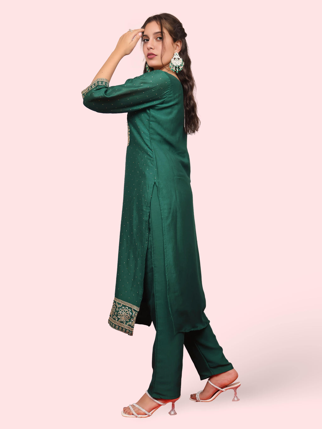 Dark Green Embroidered Straight Suit Set