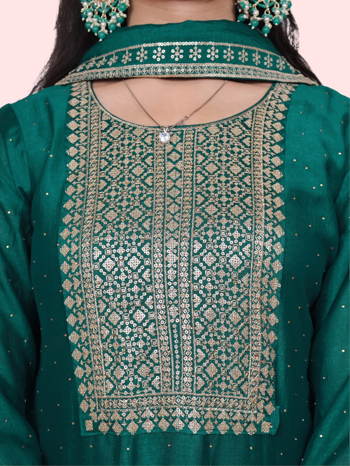 Dark Green Embroidered Straight Suit Set