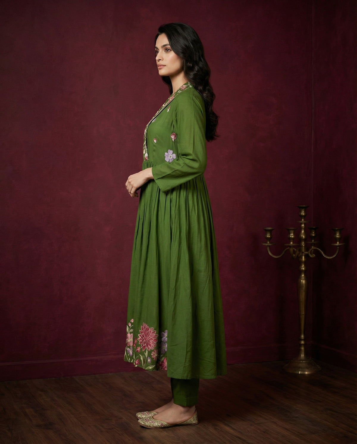 Olive Green Floral Embroidered Anarkali Kurta with Pants Set | Sequin & Embroidery Work