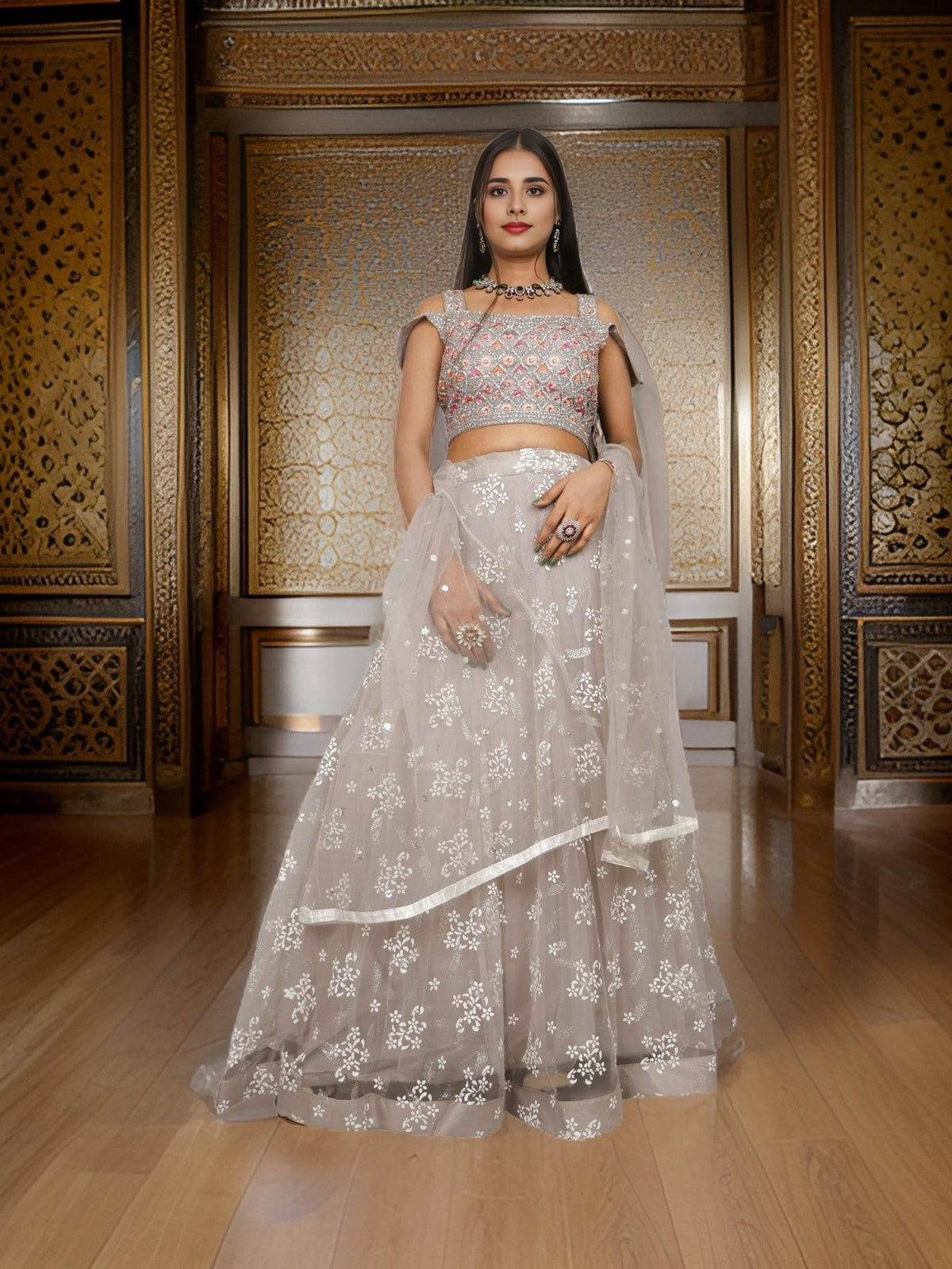 Embroidered Cold Shoulder Lehenga Choli Set